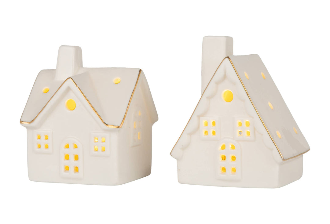 Set of 2 Ceramic White Houses with LED Light
