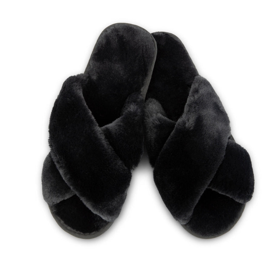 Plush Crossband Slide House Slippers BLACK