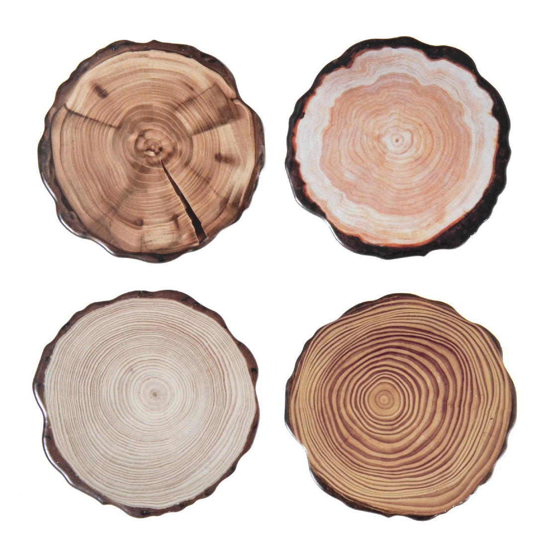 4 Pc Round Ceramic Coasters Wood Log: Multi