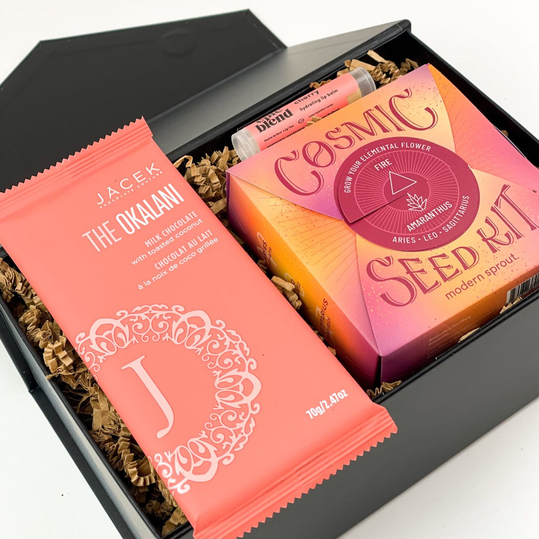 Looking for the perfect gift for an Fire Sign? Look no further! The Bloom Fire Gift Box is the perfect gift to show your love and appreciation. They'll love this luxury gift box filled with pampering treats and a touch of nature! GIFT CONTENTS: JACEK The Okalani Chocolate Modern Sprout Cosmic Seed Kit Epic Blend Cherry Lip Balm