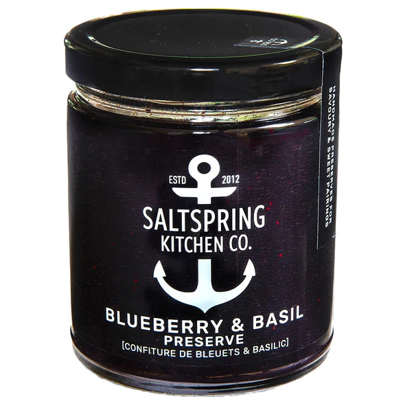 Basil is the foundation of this preserve, bringing a surprising, rounding note to the fruit. Pairs with fresh Chèvre, Manchego, Ricotta, nut butter, cheesecake, ice cream, and yogurt. Ingredients: Blueberries, Sugar, Lemon, Pectin, And Basil. 270 ml | Refrigerate after opening and enjoy within 90 days. Handmade with love on Salt Spring Island.