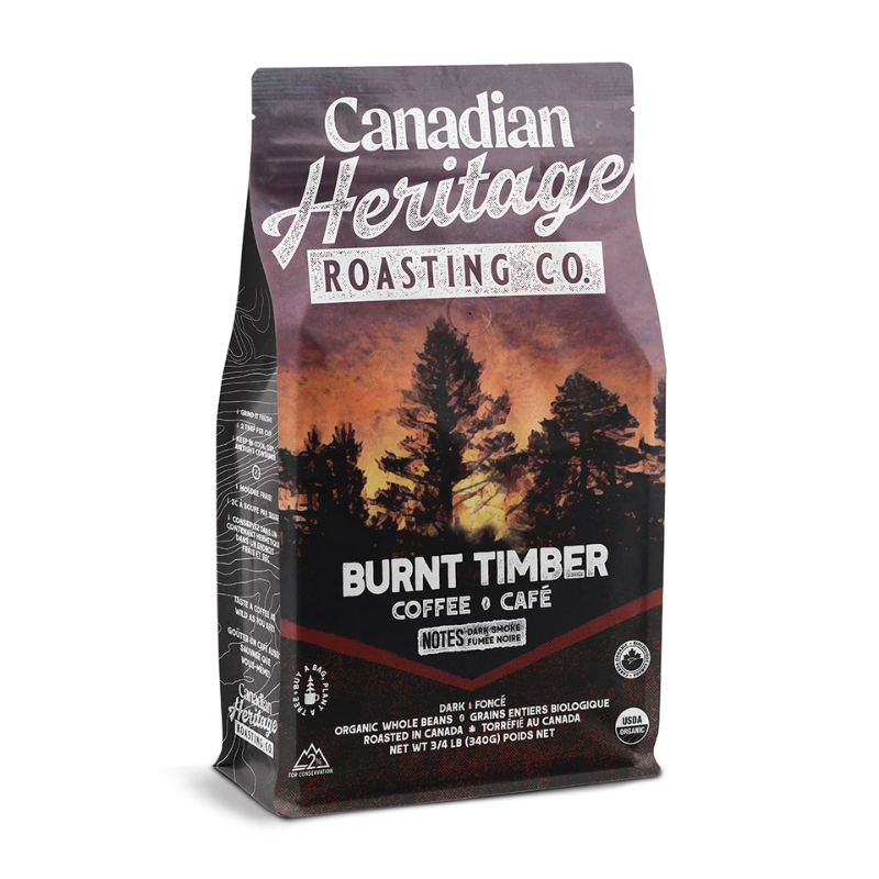 Coffee bag from Canadian Heritage Roasting Co. with a sunset design on a white background