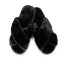 Black plush crossband slide house slippers from Weddingstar featuring soft, comfortable footwear for indoor wear.