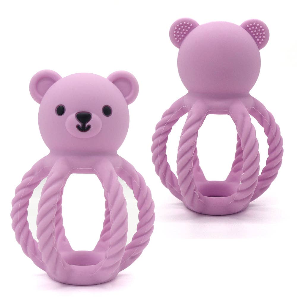Lilac Teddy the Teething Bear by Peaks &amp; Valleys Baby, soft plush teether with textured surface for soothing gums.