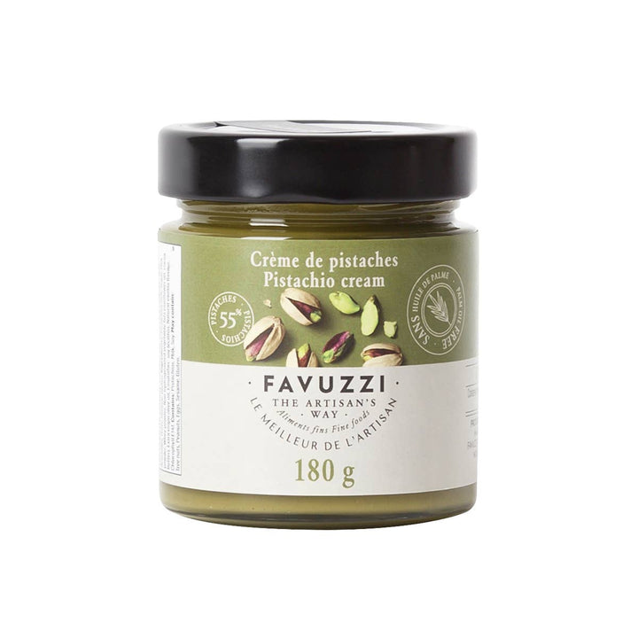 Jar of Favuzzi pistachio cream on a light gray background