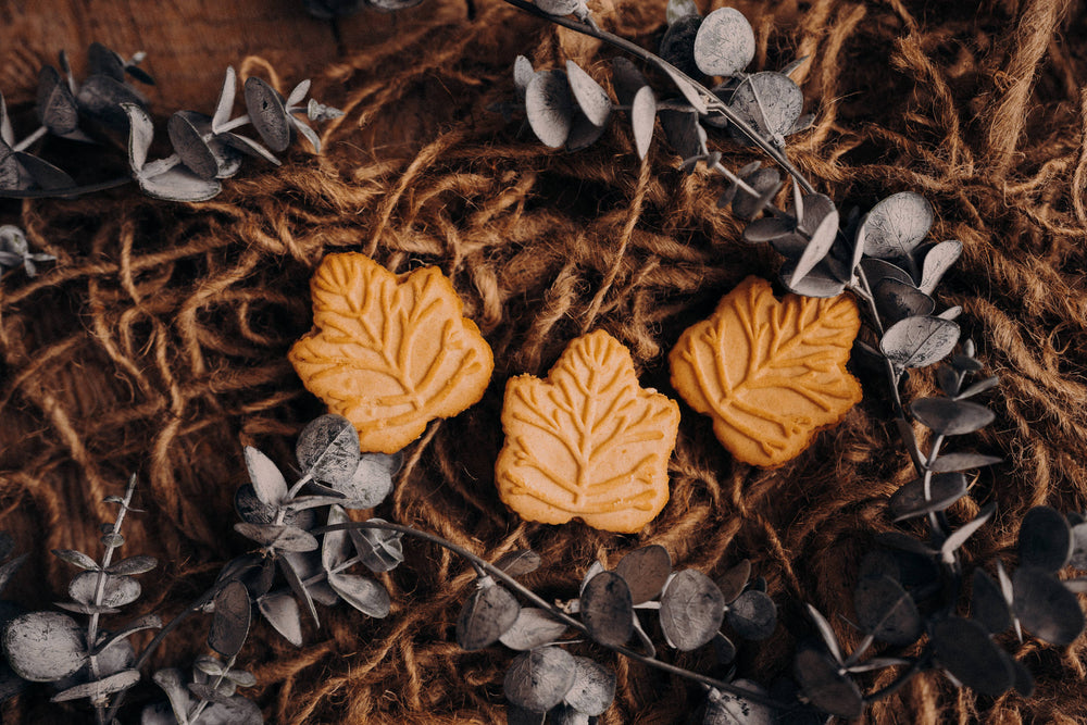 Three leaf-shaped cookies on a textured surface with eucalyptus leaves