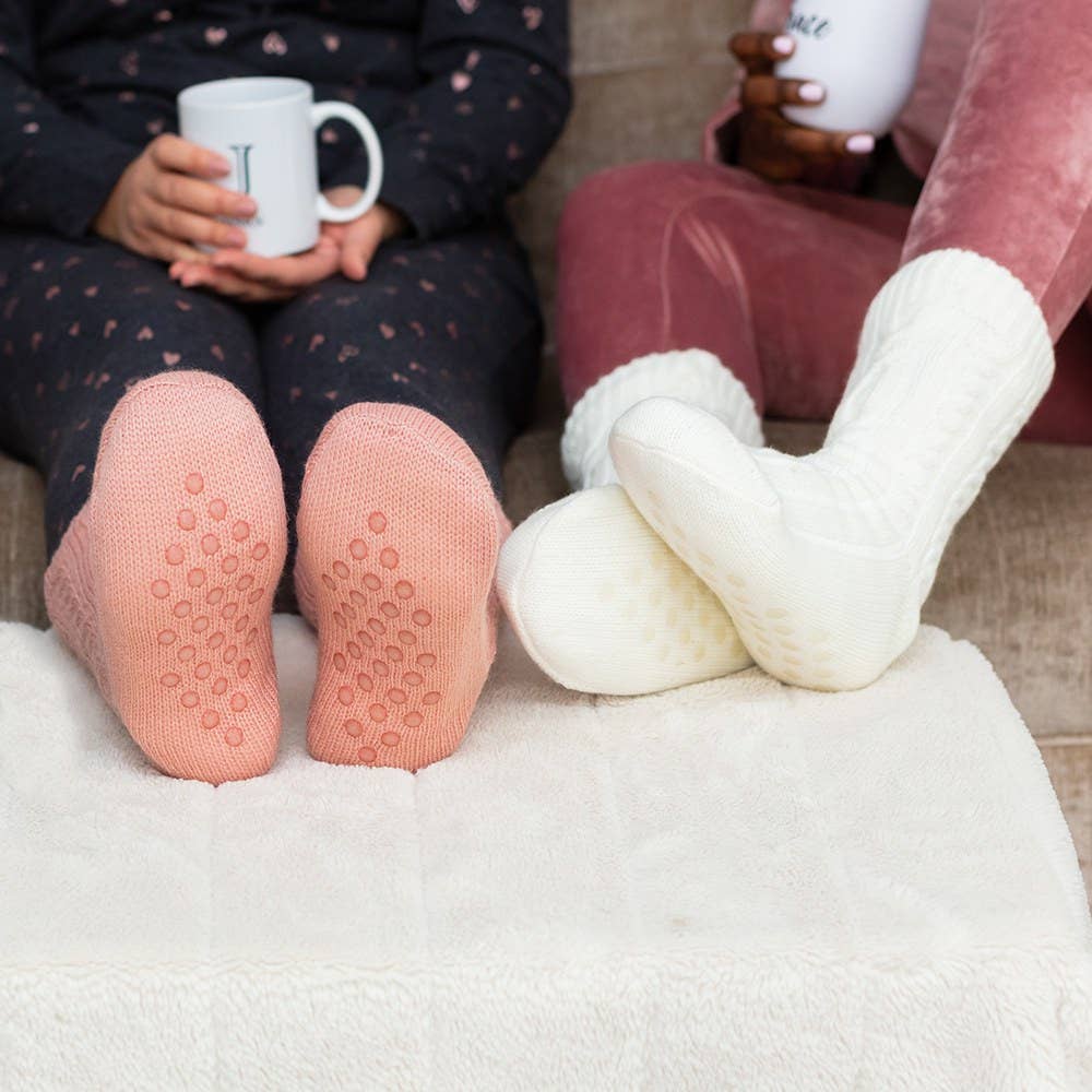 Cozy Sherpa Lined Cable Knit Slipper Socks: Ivory