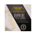 Packaging of Castello Brie cheese showing the cheese wheels and the brand logo with the text 'Brie Cheese - Fromage SOFT & CREAMY WITH A MILD AROMATIC FLAVOUR'.