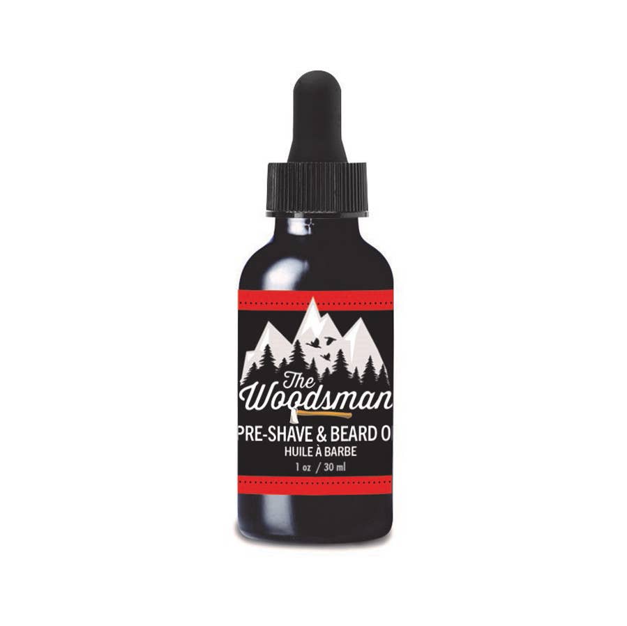Koppers Home Woodsman Beard and Shave Oil bottle with label, designed for beard grooming and shaving, in a natural setting.