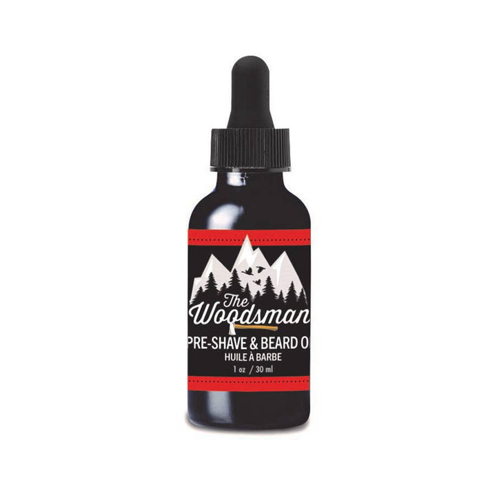 Koppers Home Woodsman Beard and Shave Oil bottle with label, designed for beard grooming and shaving, in a natural setting.