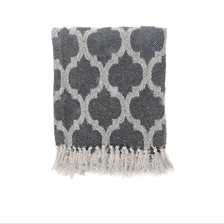Moroccan Tile Cotton Throw With Fringe Black 50"X60": Black