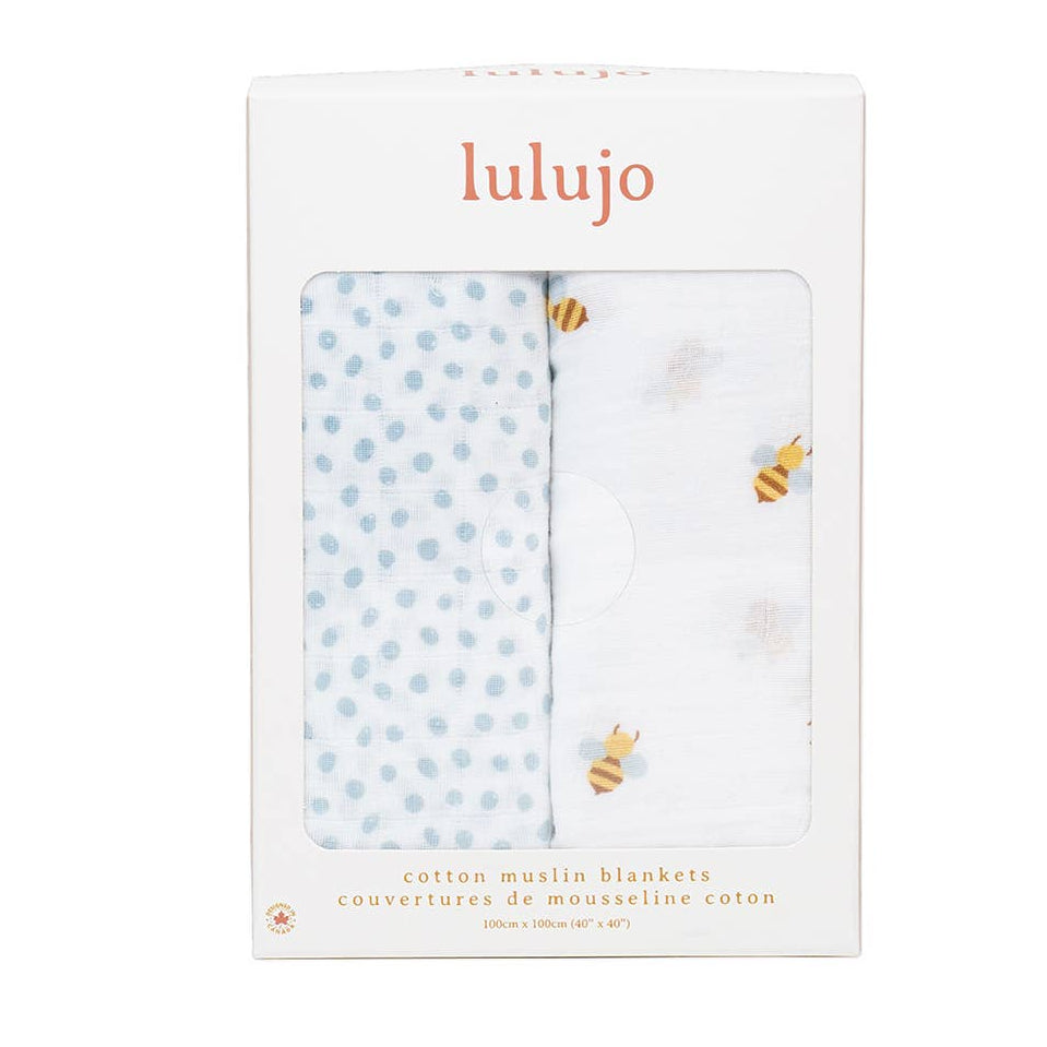 Two baby blankets in packaging with &