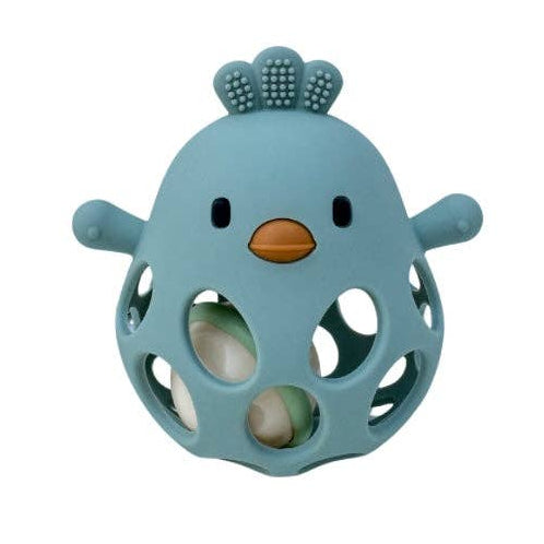 Blue chick-shaped teething toy on a white background