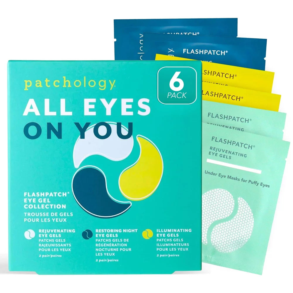 Patchology Flashpatch eye gel collection packaging with eye gel packets on a white background