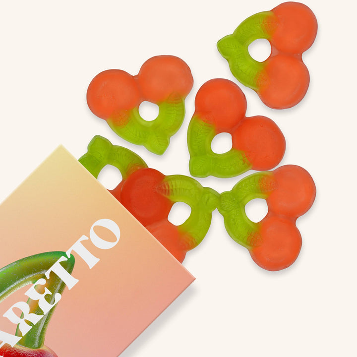 Amaretto Cherry Gummies, Chewy Candies, Alcohol-Free