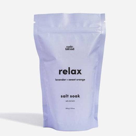 Salt soak packaging with 'epic blend' branding on a white background