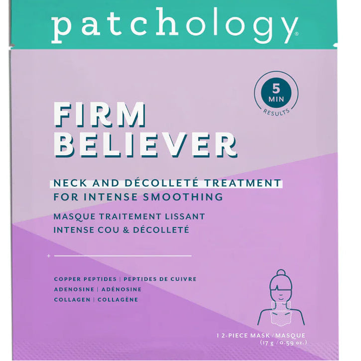 Patchology Firm Believer neck and décolleté treatment packaging on a white background