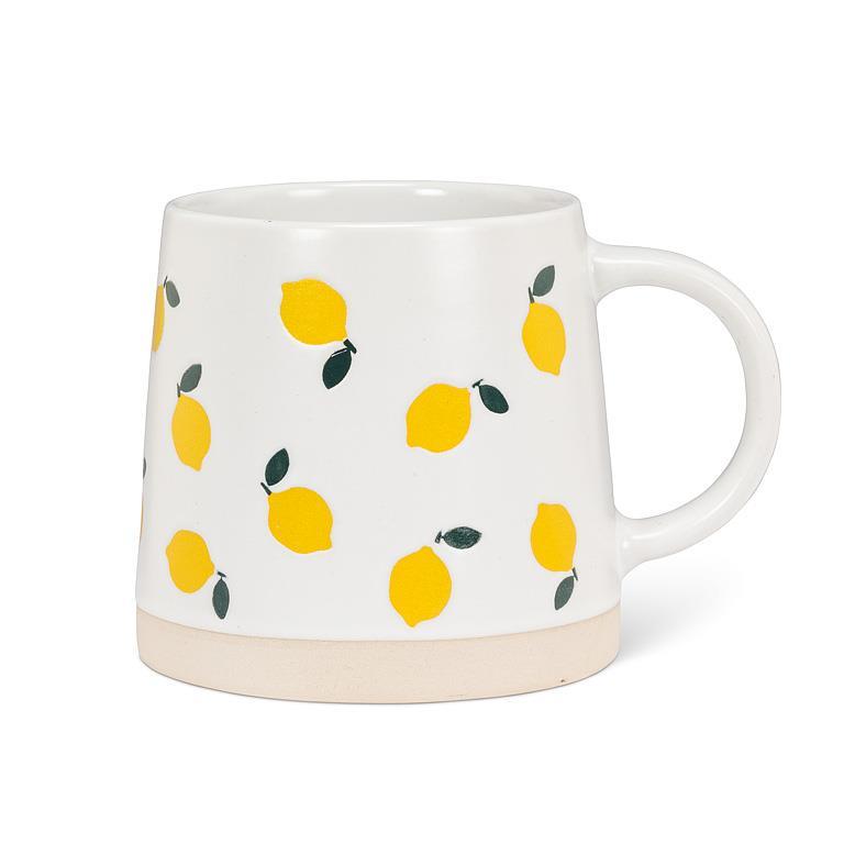 White mug with yellow lemon pattern on a white background