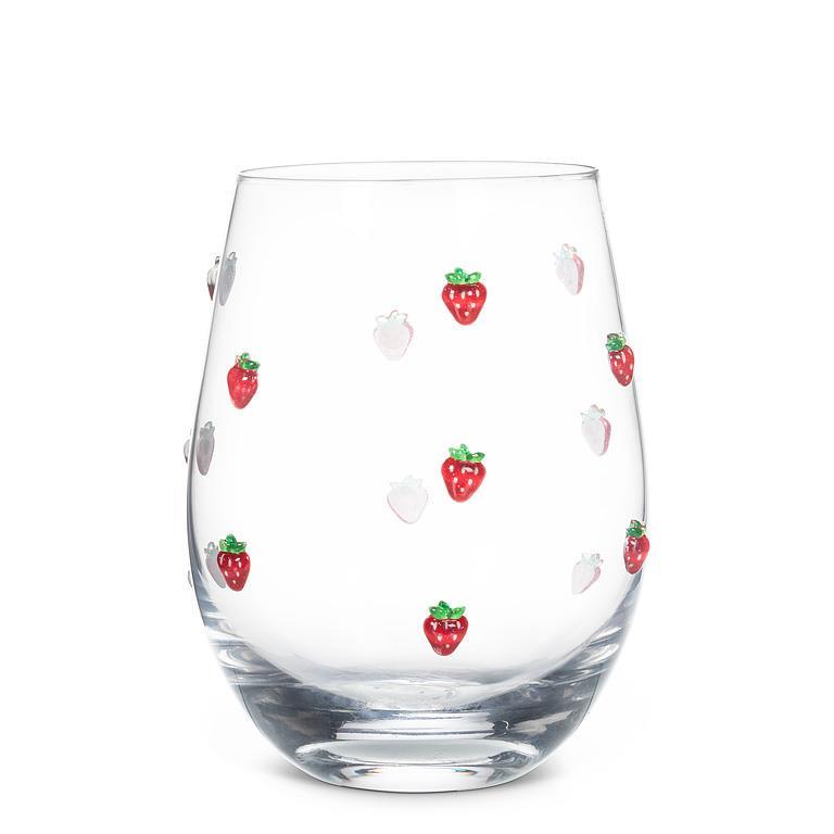 Clear glass tumbler with strawberry designs on a white background