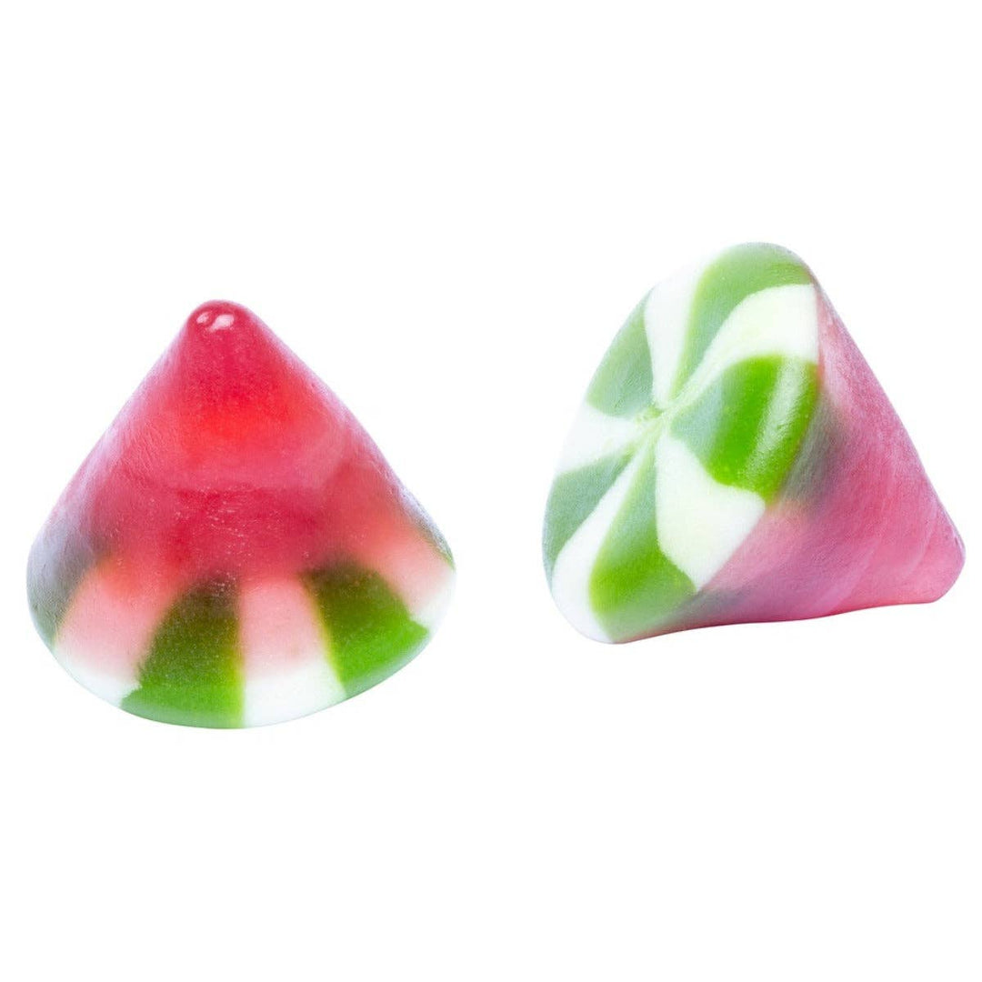 Two triangular candy pieces with red, green, and white colors on a white background
