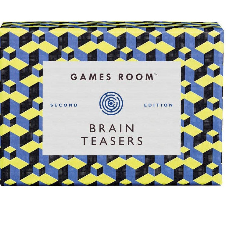Box of 'Games Room Brain Teasers' with geometric pattern