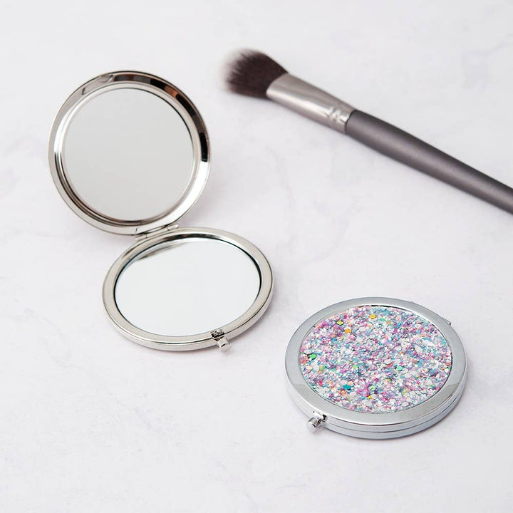 Silver Rainbow Glitter Compact Mirror