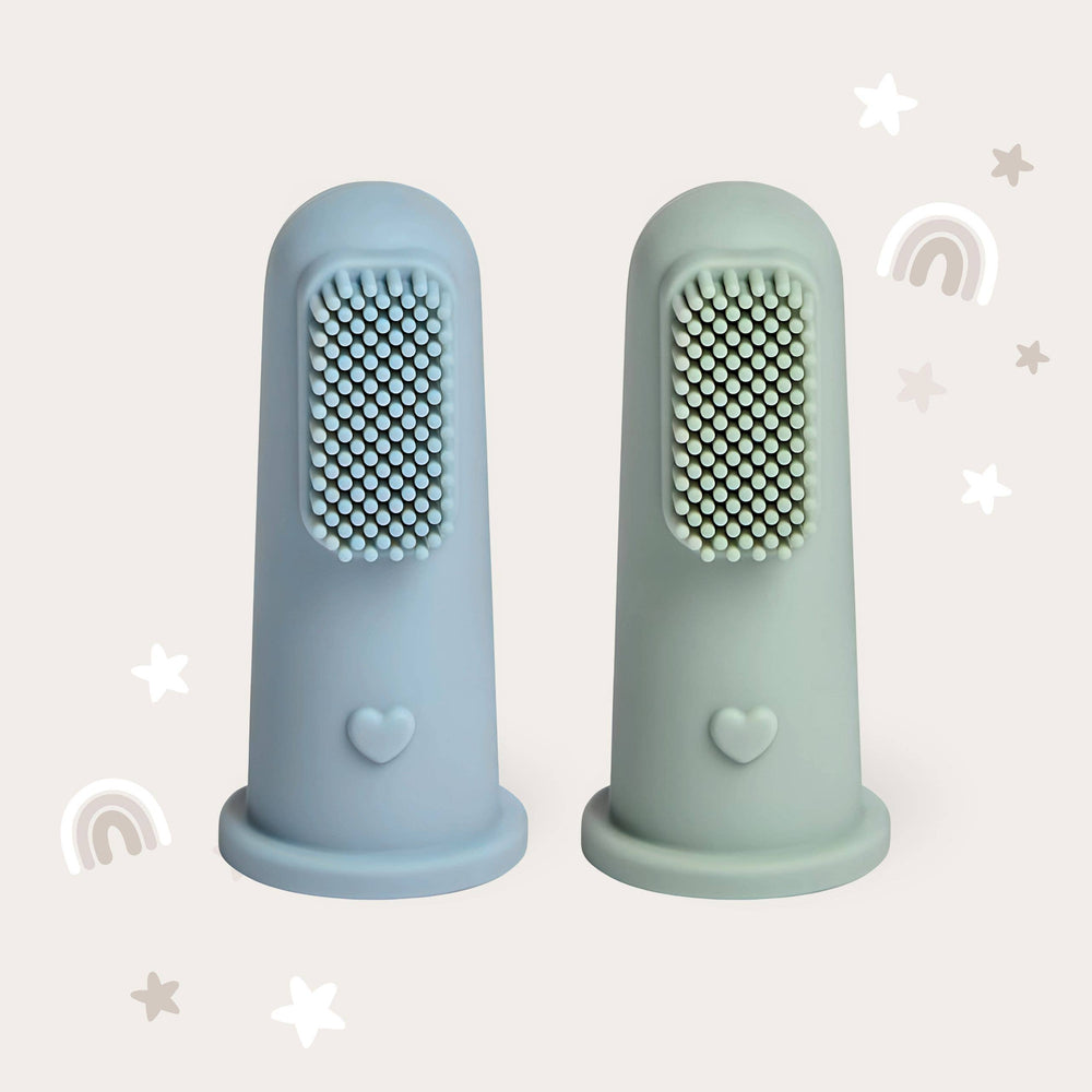 Two blue and green silicone fingerbrushes on a light gray background with decorative elements.