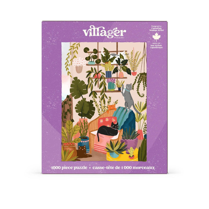 Villager Puzzles Balcony Cats 1000-piece puzzle featuring colorful cats lounging on a balcony, designed in Canada.