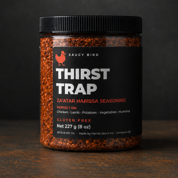A jar of Savcy Bird Thirst Trap Daitmar Harissa Seasoning sits on a dark wooden surface against a dark textured background. The product is in a clear plastic jar showing the reddish-brown seasoning inside, with a black lid and a black label featuring white and red text.