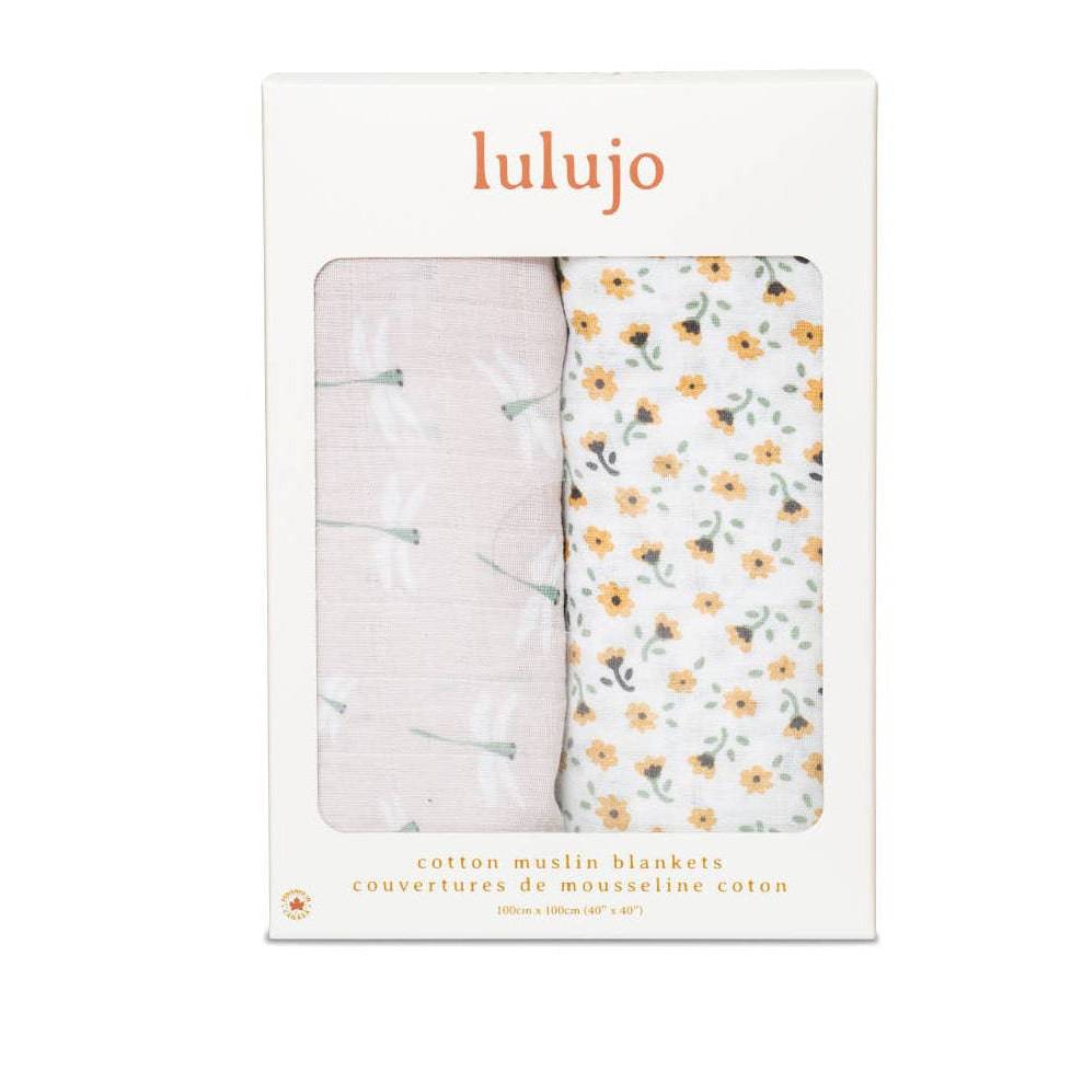 Lulujo cotton muslin blankets packaging with two blankets inside on a white background