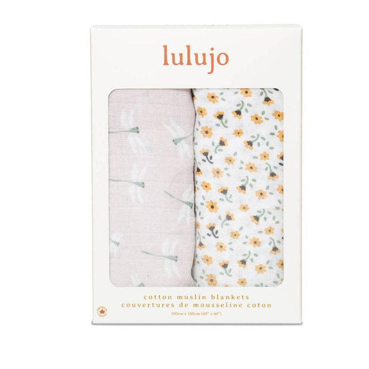 Lulujo cotton muslin blankets packaging with two blankets inside on a white background