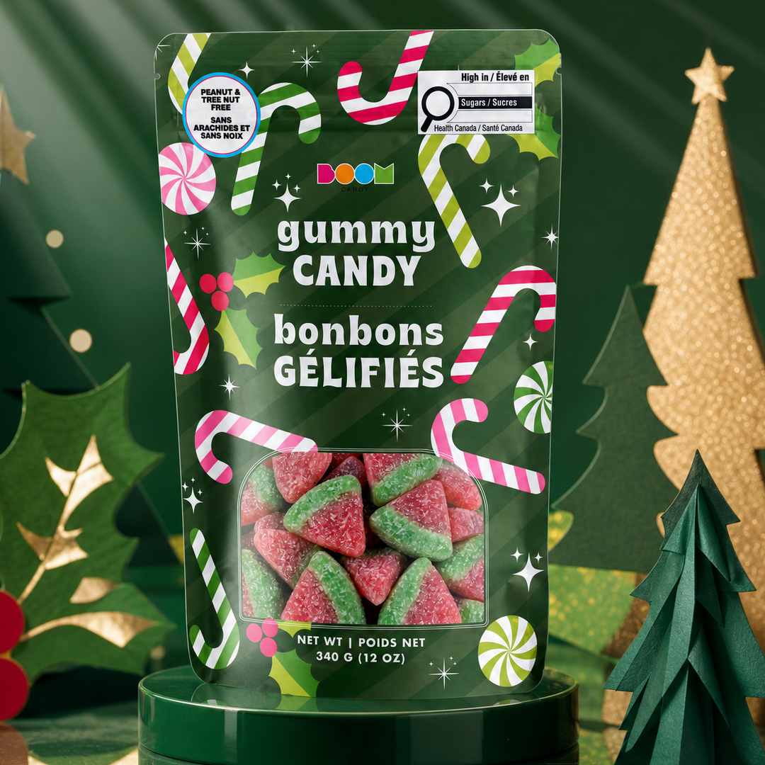 Green candy canes and gummy candies from Boom Candy, 340g, colorful assorted sweets in a clear bowl on a white background.