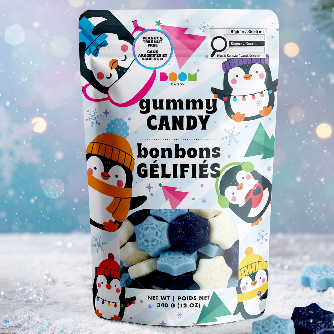 Colorful gummy candy shaped like cute penguins from Boom Candy, perfect for holiday treats, in a 340g package.