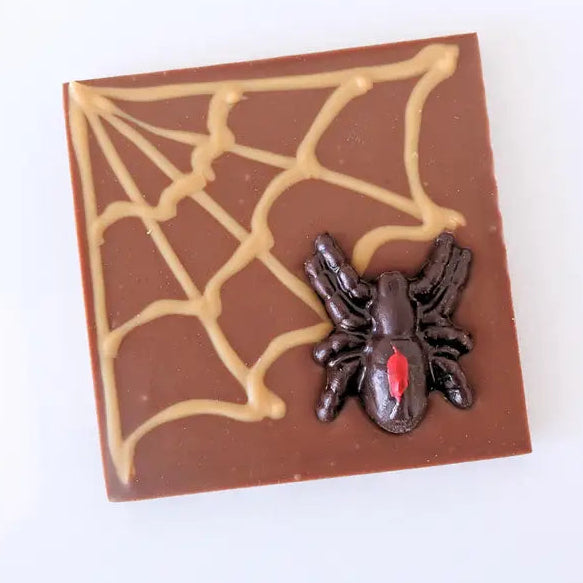 A square chocolate bar decorated with a tan spiderweb pattern and a small dark spider topper with a red center, shown on a plain white background.