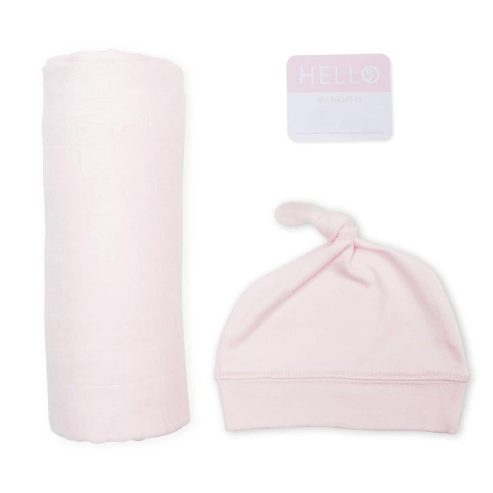 Pink baby hat and swaddle blanket with &