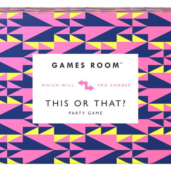 Games Room 'This or That? Party Game' box featuring a vibrant geometric pattern of pink, navy blue, and neon yellow triangles, with a white central label.