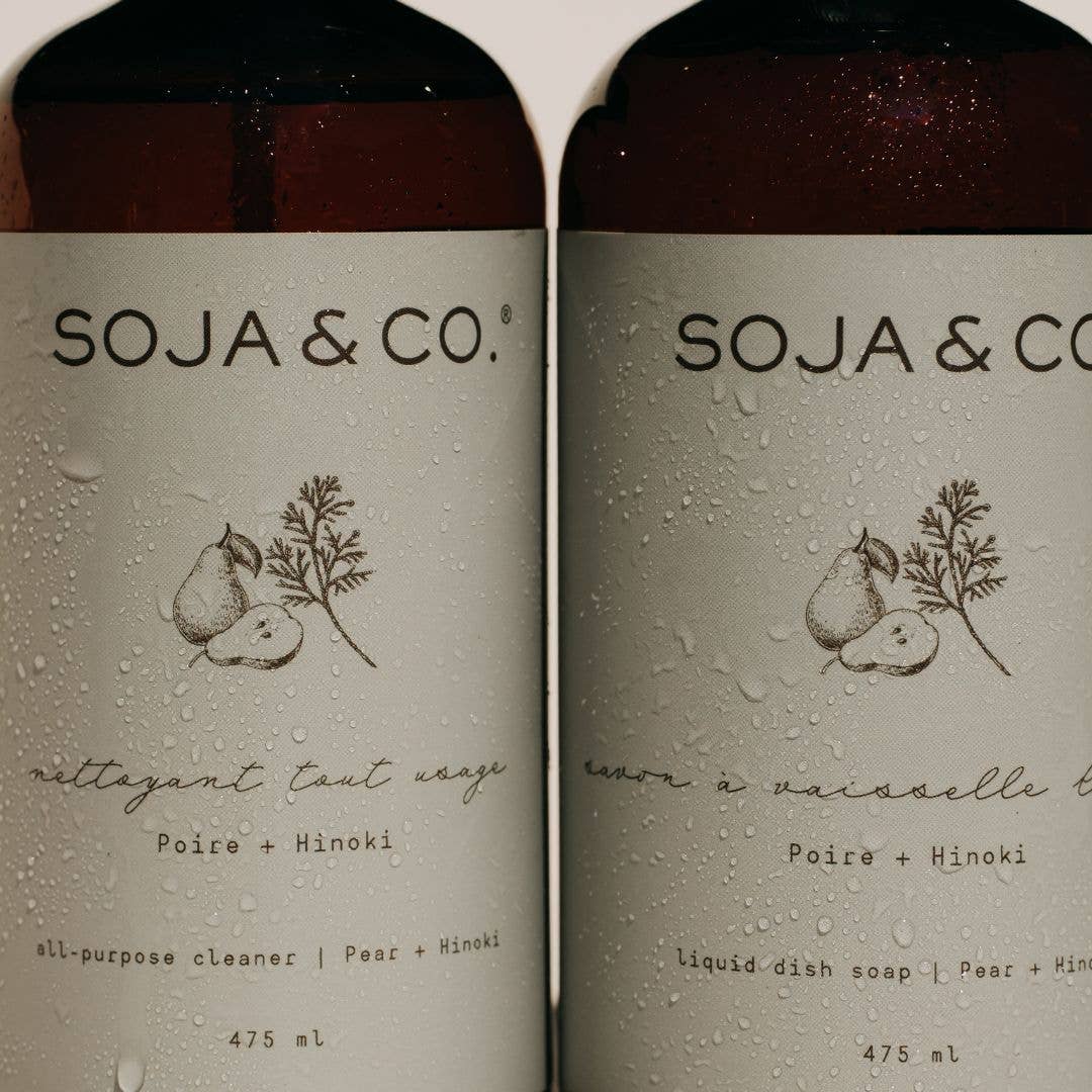 SOJA&amp;CO.® All Purpose Cleaner with Pear and Hinoki scent, 475ml bottle showing the label and spray nozzle.