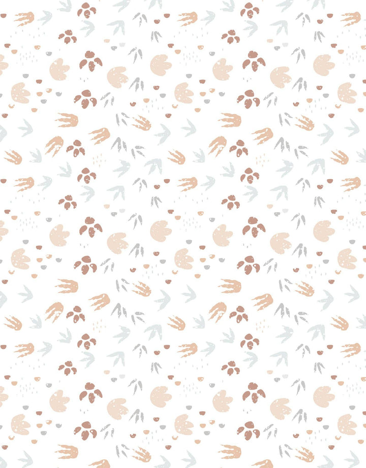 Pattern of hand and footprints in various colors on a white background