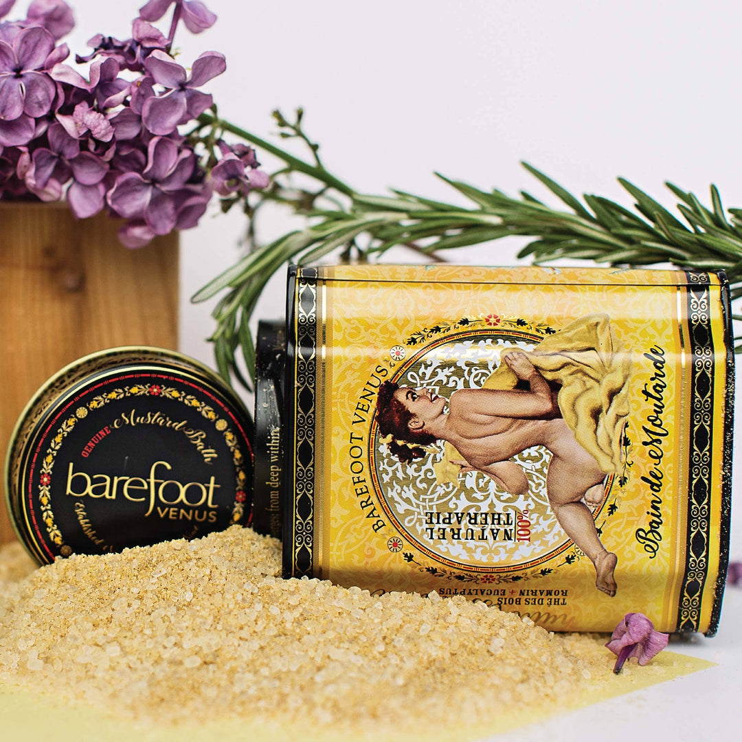 Barefoot Venus Mustard Bath Soak in a glass jar, with a natural mustard-colored bath salt, spa and body care product.