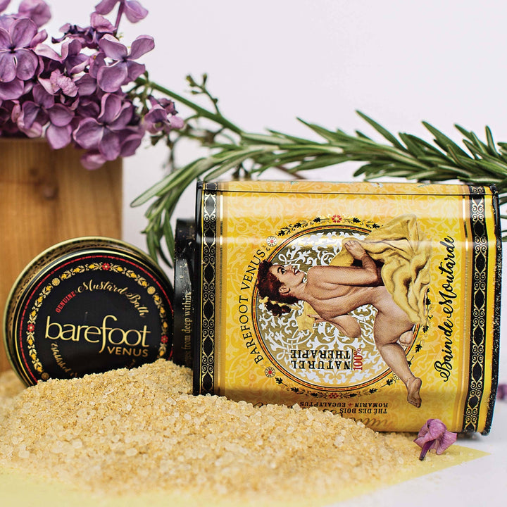 Barefoot Venus Mustard Bath Soak in a glass jar, with a natural mustard-colored bath salt, spa and body care product.