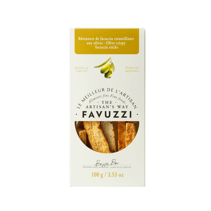 Favuzzi olive crackers packaging on a white background