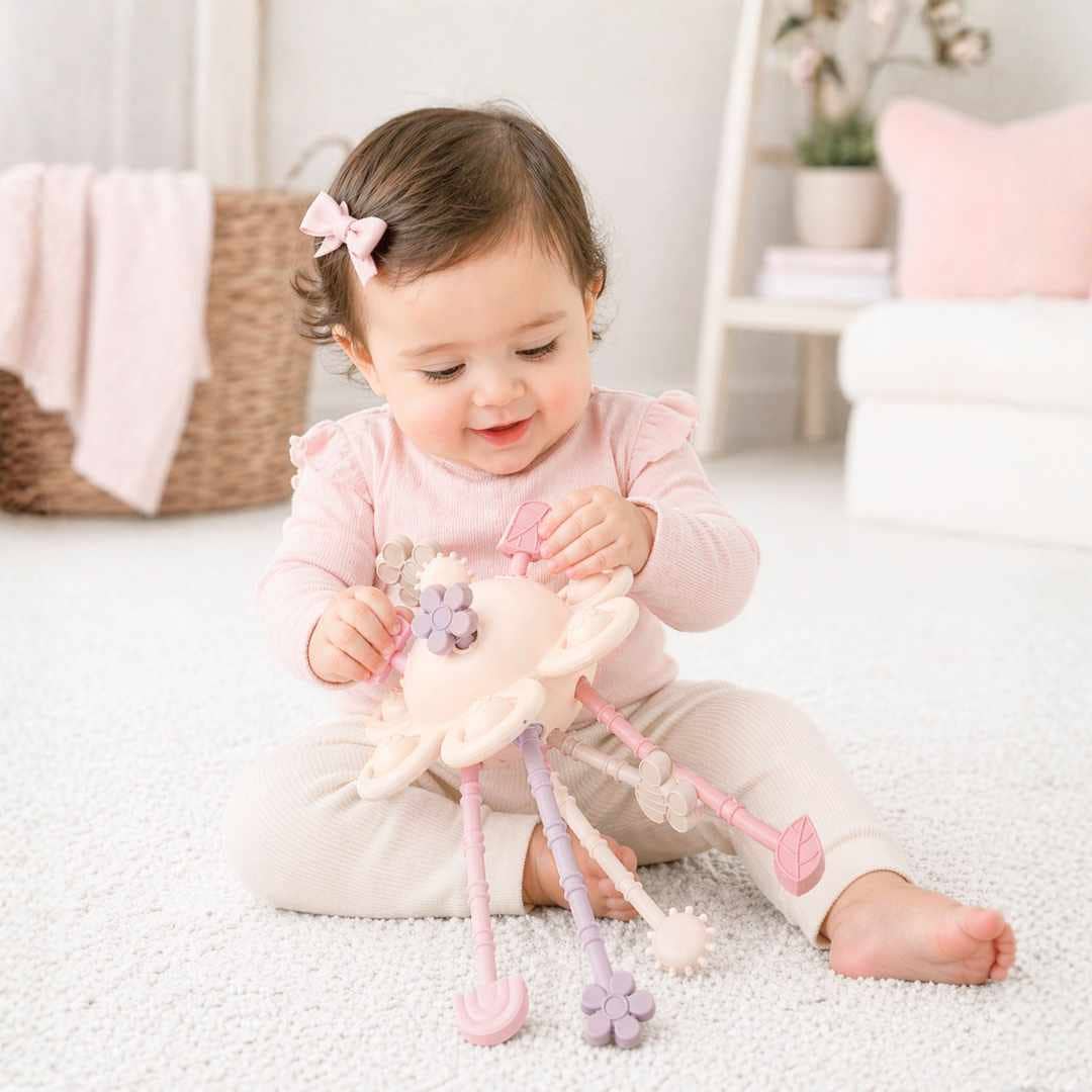 A baby girl sitting on a white carpet, holding a pink and lavender plush sensory toy with soft fabric legs and flower details.