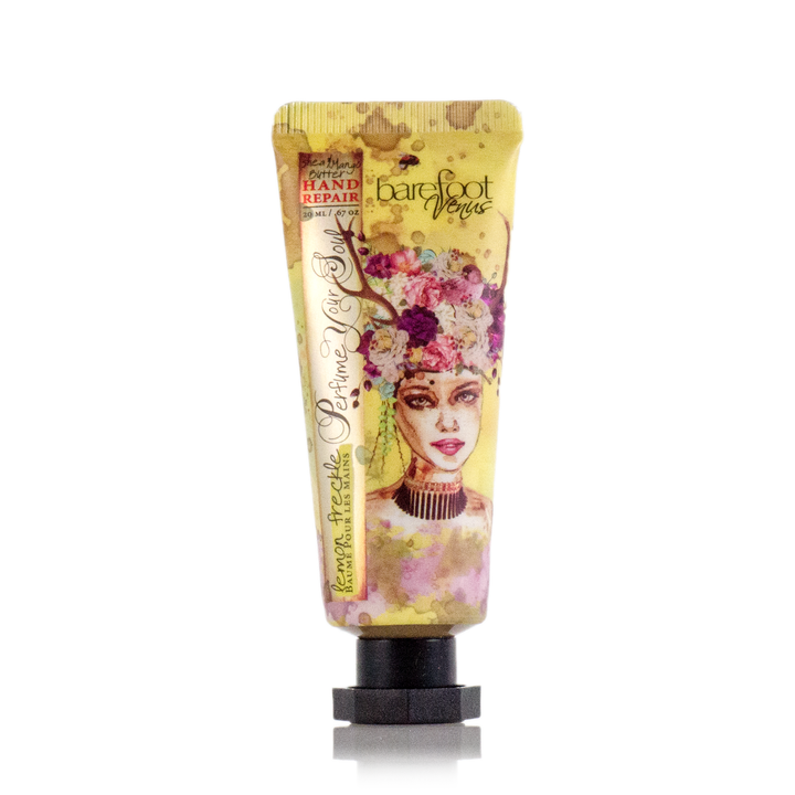 Hand cream tube with artistic design on a white background