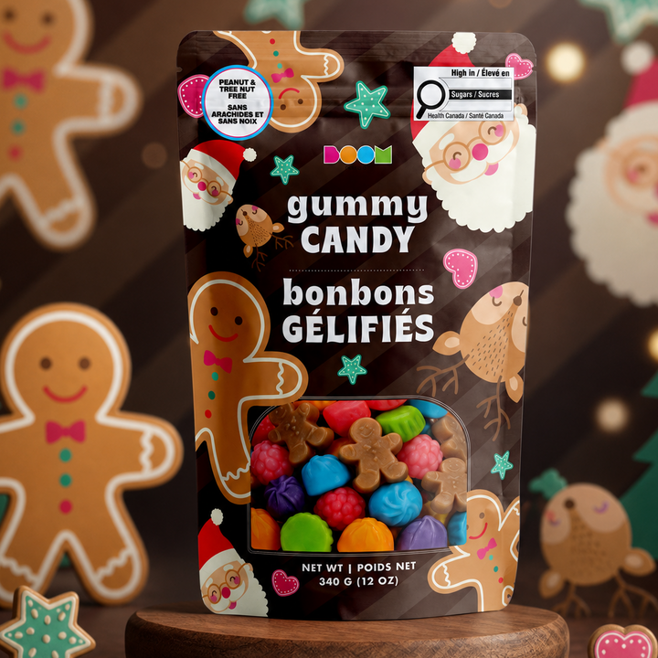 Assorted Boom Candy gummy candies shaped as Santa, gingerbread men, and reindeer in a 340g bag, colorful and festive treats.