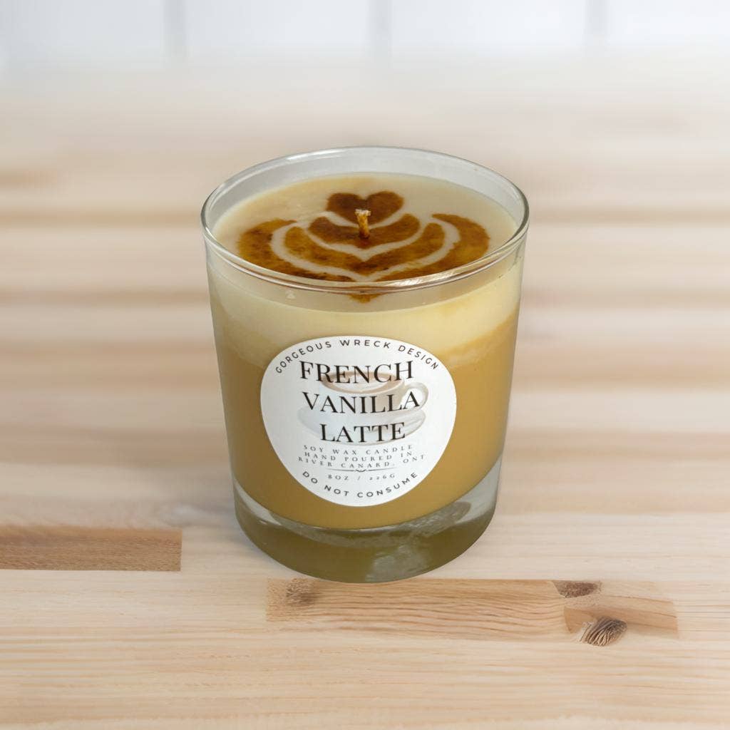 French vanilla latte dessert candle by Gorgeous Wreck Design, featuring a creamy vanilla scent and decorative candle design.