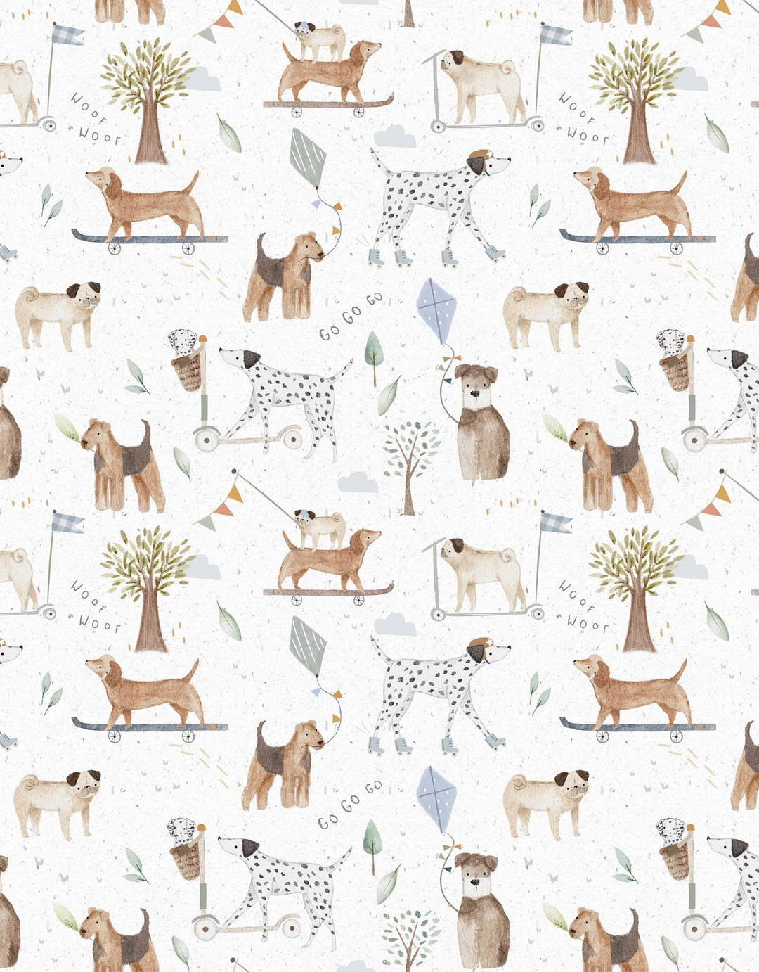 Pattern of dogs and trees on a white background