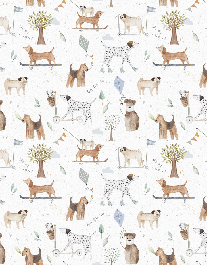 Pattern of dogs and trees on a white background