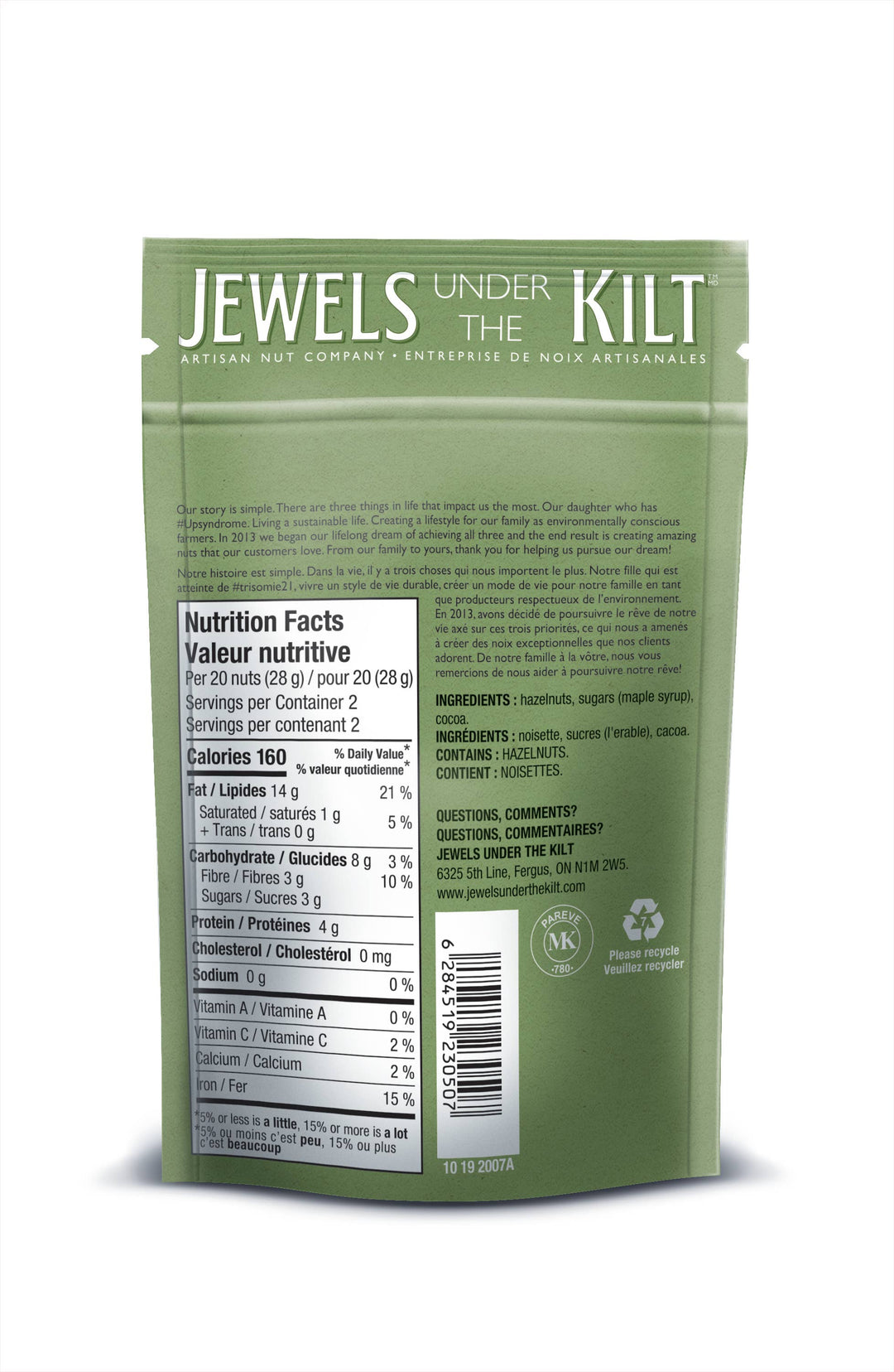 The back of a green stand-up pouch for Jewels Under The Kilt artisanal nut butter, showing the nutrition facts, ingredients, and barcode on a white background.