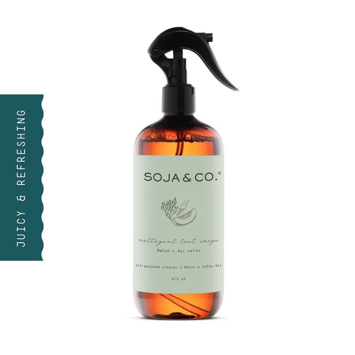 SOJA&amp;CO.® All Purpose Cleaner with Melon and Salty Air scent, showing a spray bottle with a vibrant label and fresh citrus and melon design.
