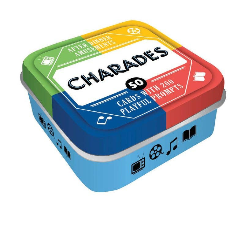 Colorful box of Charades game cards on a white background